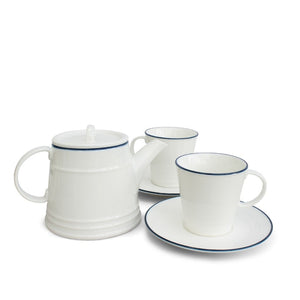 teaset teapot tea cup white with blue rim